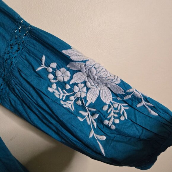Sundance Naomi Isles Top Teal Embroidered Bohemian Balloon Sleeve Size PS - Picture 5 of 8